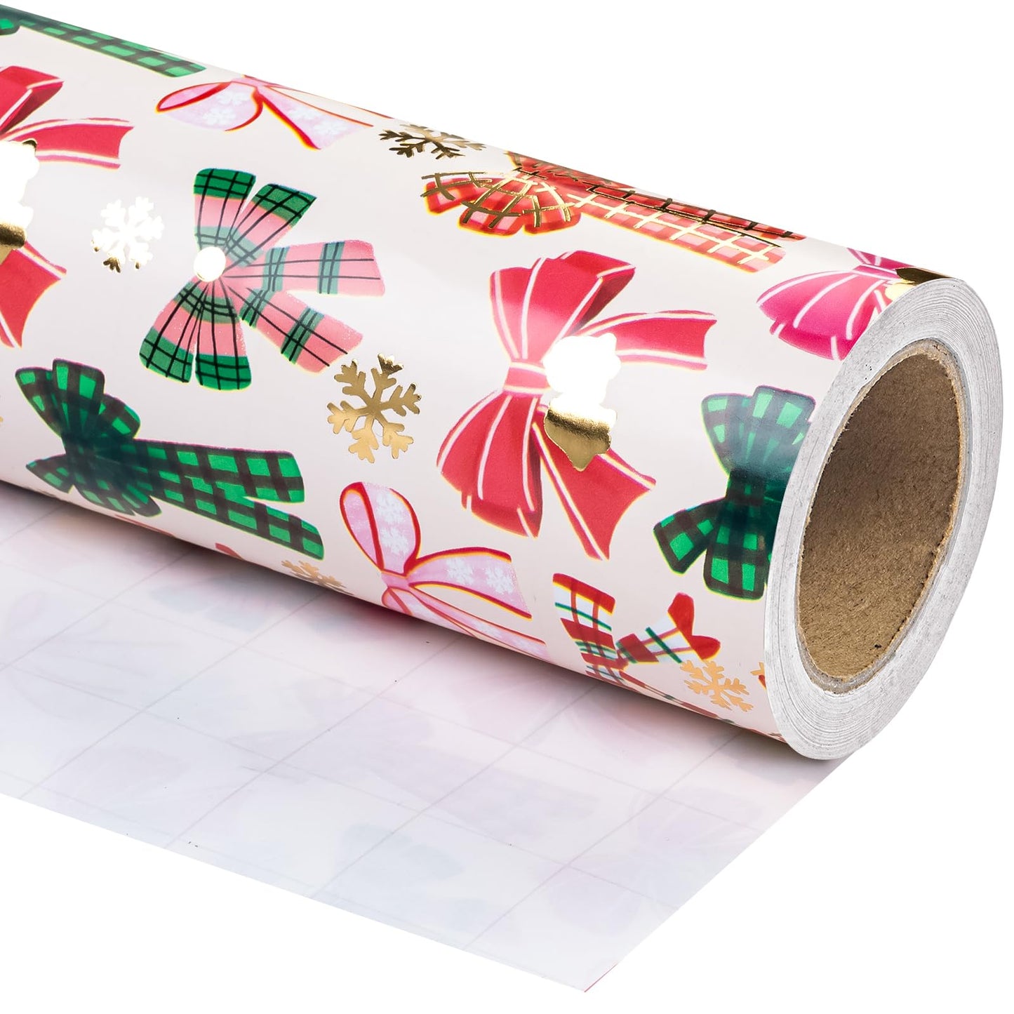 WRAPAHOLIC 30 Inch Jumbo Bow Christmas Wrapping Paper - Mini Roll - 17 Inch x 16.5 Feet - Gold Foil Snoflakes and Plaid Bow Wrapping Paper for Girl Boy Kids, Christmas, Holiday