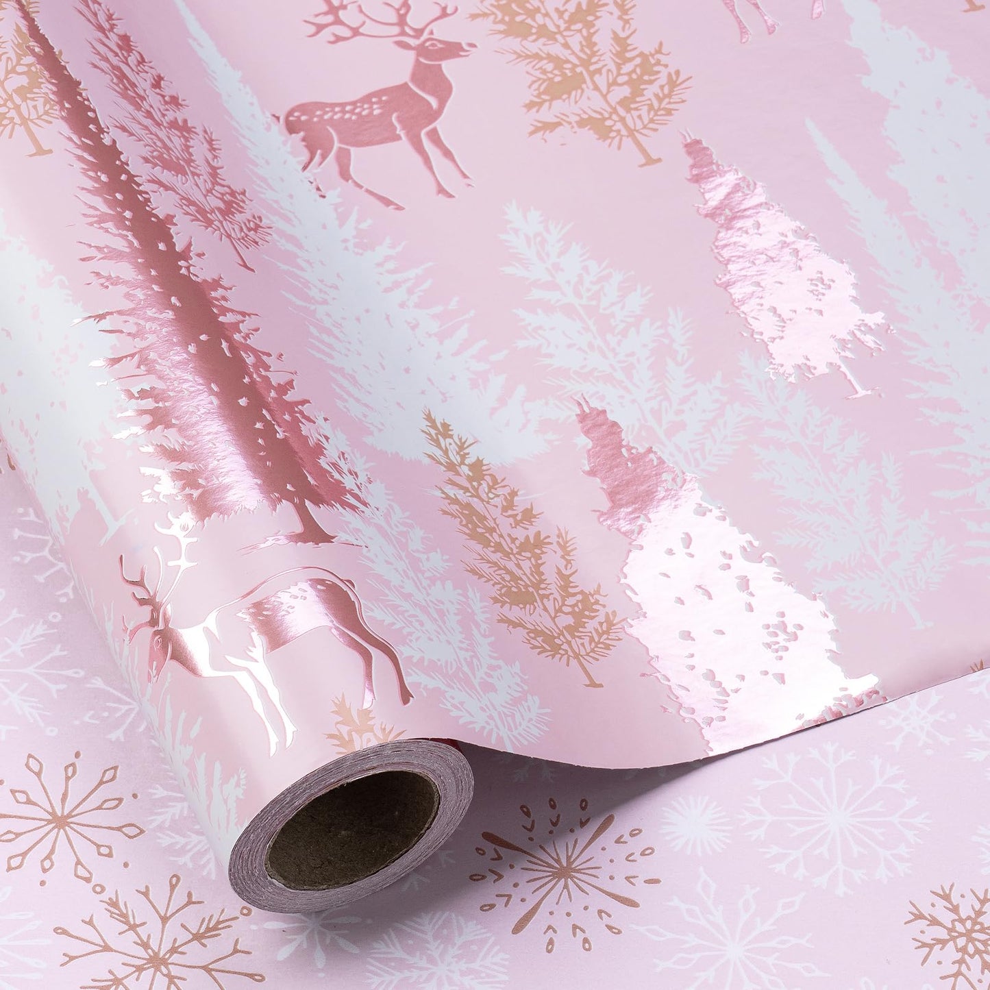 RUSPEPA 30" X 32.8' Reversible Christmas Wrapping Paper Large Paper Roll, Jumbo Roll, Rose Gold Foil Pink Reindeer and Tree Design, Snowflakes Gift Wrap for Girls, Women, Friends, Xmas Holiday Gifts