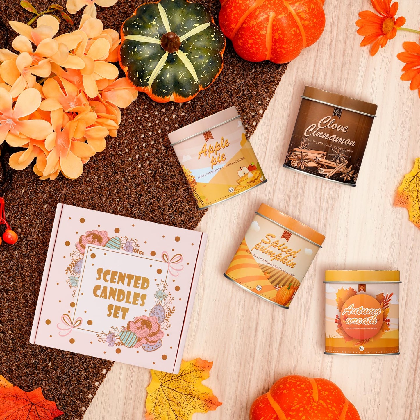 4 Pack Scented Fall Candles Set, 36oz Aromatherapy Soy Wax Candles for Home Scented, Halloween House Warming Gifts Birthday Candle for Women Halloween Apple Pie/Autumn Wreath/Cinnamon/Pumpkin Candle