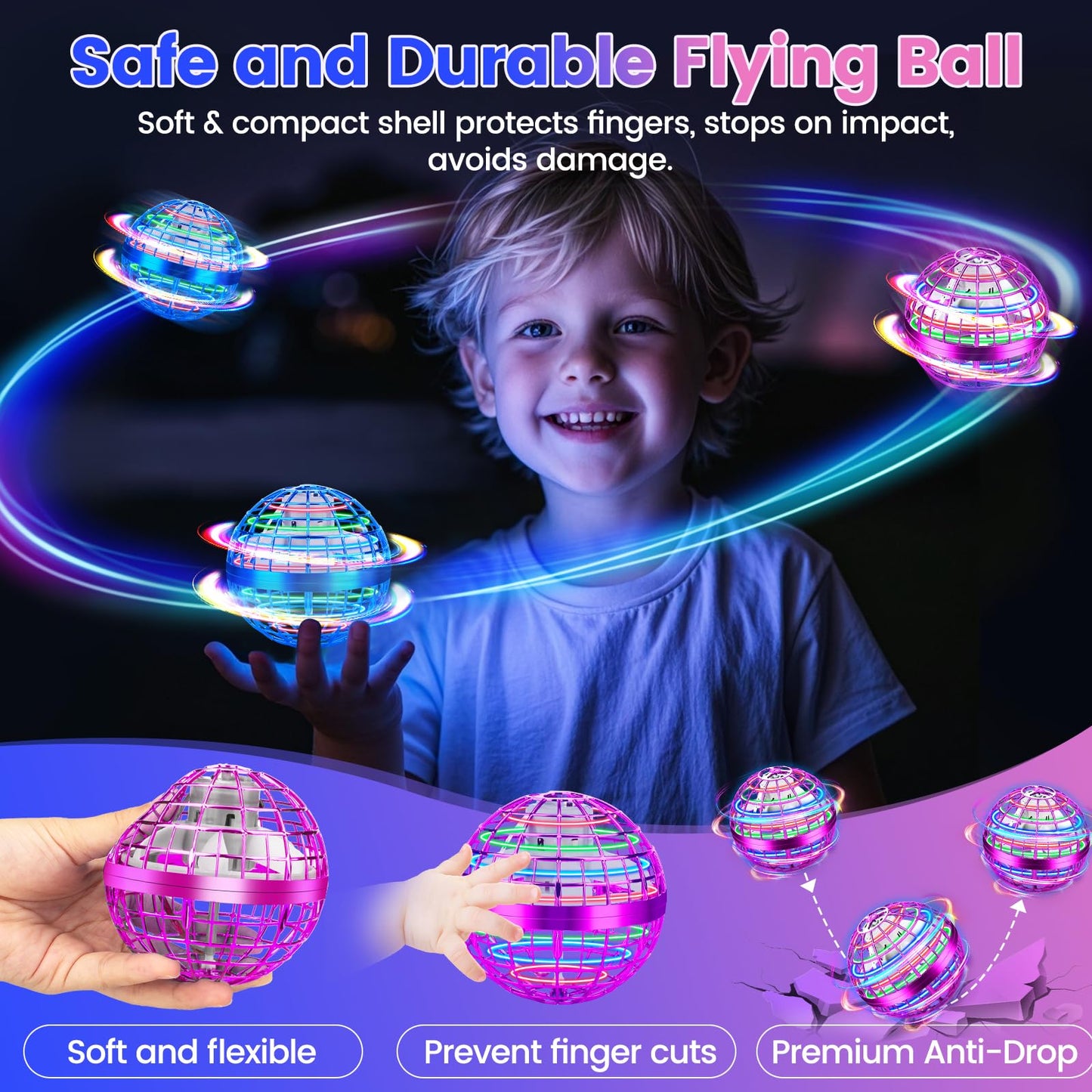 NWLAEWR Flying Orb Ball Toy, Hand Controlled Hover Ball with LED Lights, 360° Rotating Boomerang Globe, Mini Drone Spinner for Kids, Ideal Birthday & Festival Gift for Boys Girls, 2 Pack - Blue&Purple