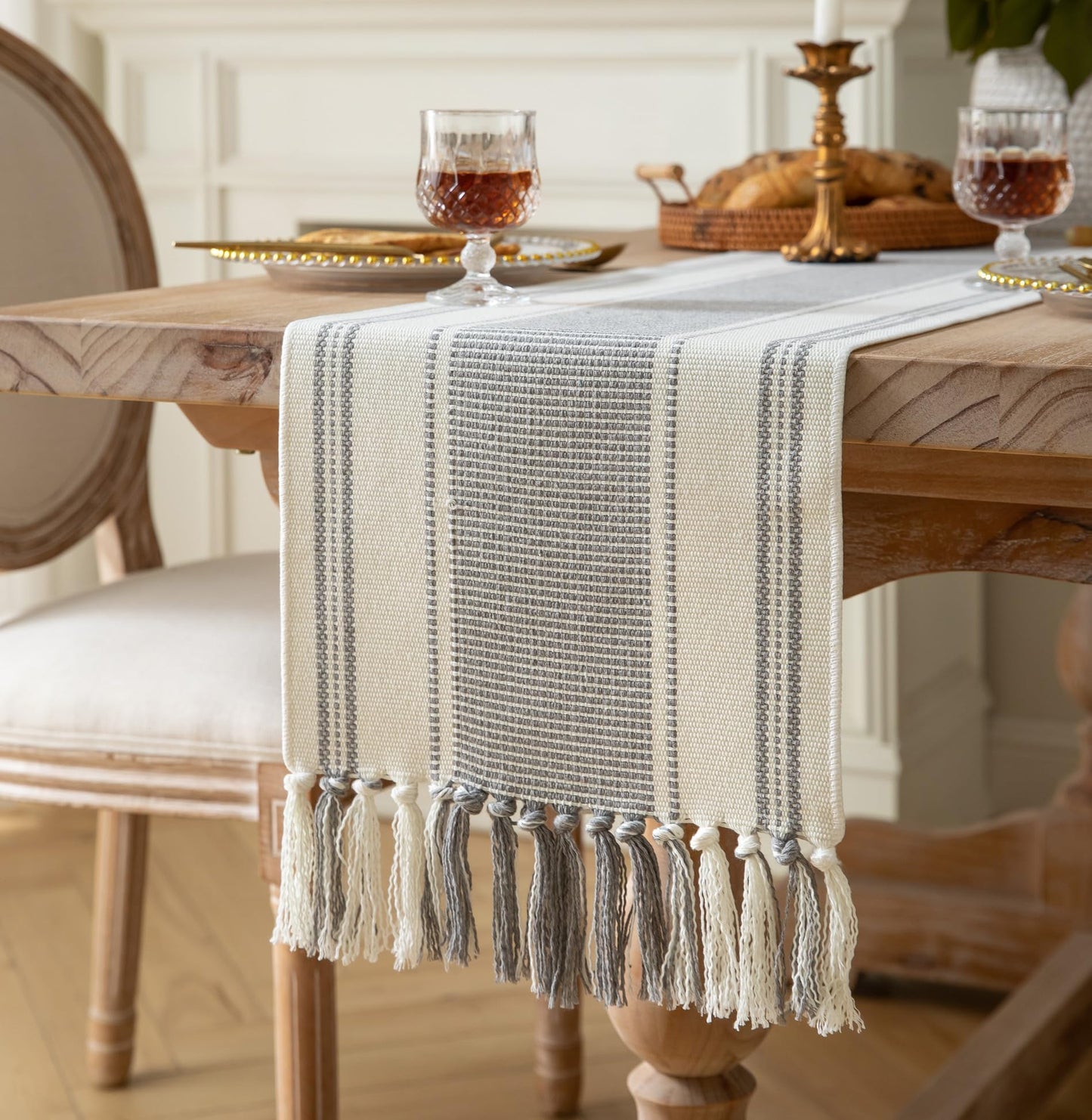 Caflife Boho Table Runner Grey Stripe for Modern Farmhouse Coffee Table Decor, Rustic Woven Runner with Handcrafted Tassels for Home Dining Table décor 13 x 72 Inch Long Visit The Store