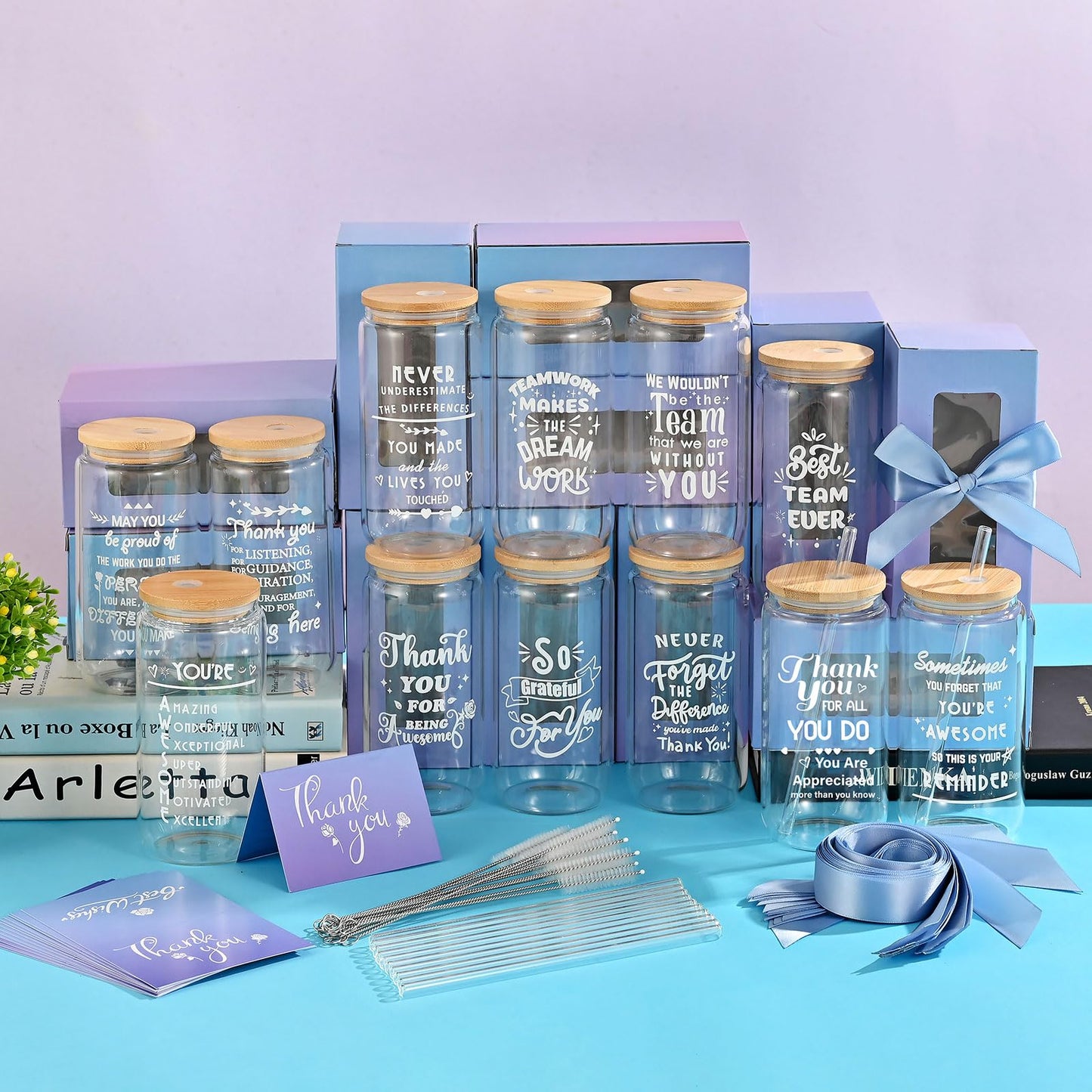 OLSUNOR 12 Set Employee Appreciation Gifts Bulk, Personalized Inspirational Thank You Gifts for Christmas Staff Coworker 16 oz Can Shaped Beer Glass Cups, Gift Box and Card for Team Women Men Nurse