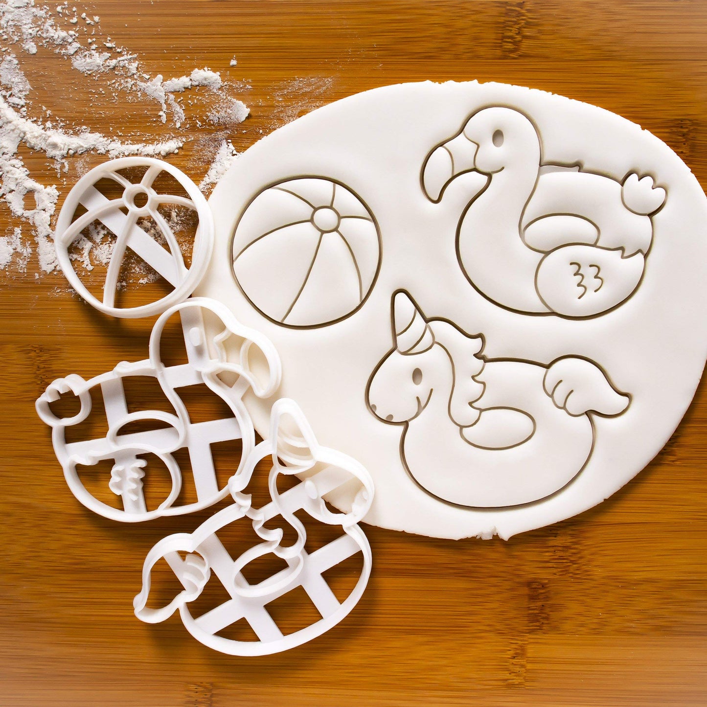 Set of 3 Pool Party cookie cutters (Designs: Beach Ball, Flamingo Float, and Unicorn Float), 3 pieces - Bakerlogy