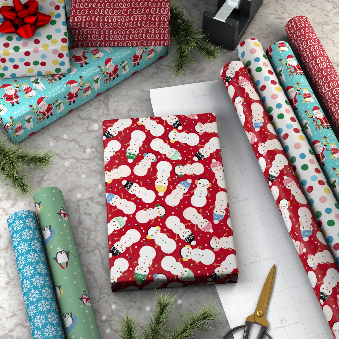 Hallmark Kids Christmas Wrapping Paper Rolls with Cutlines on Reverse (6 Rolls: 180 Sq. Ft. Total) Snowman, Snowflakes, Penguins, Santa Claus