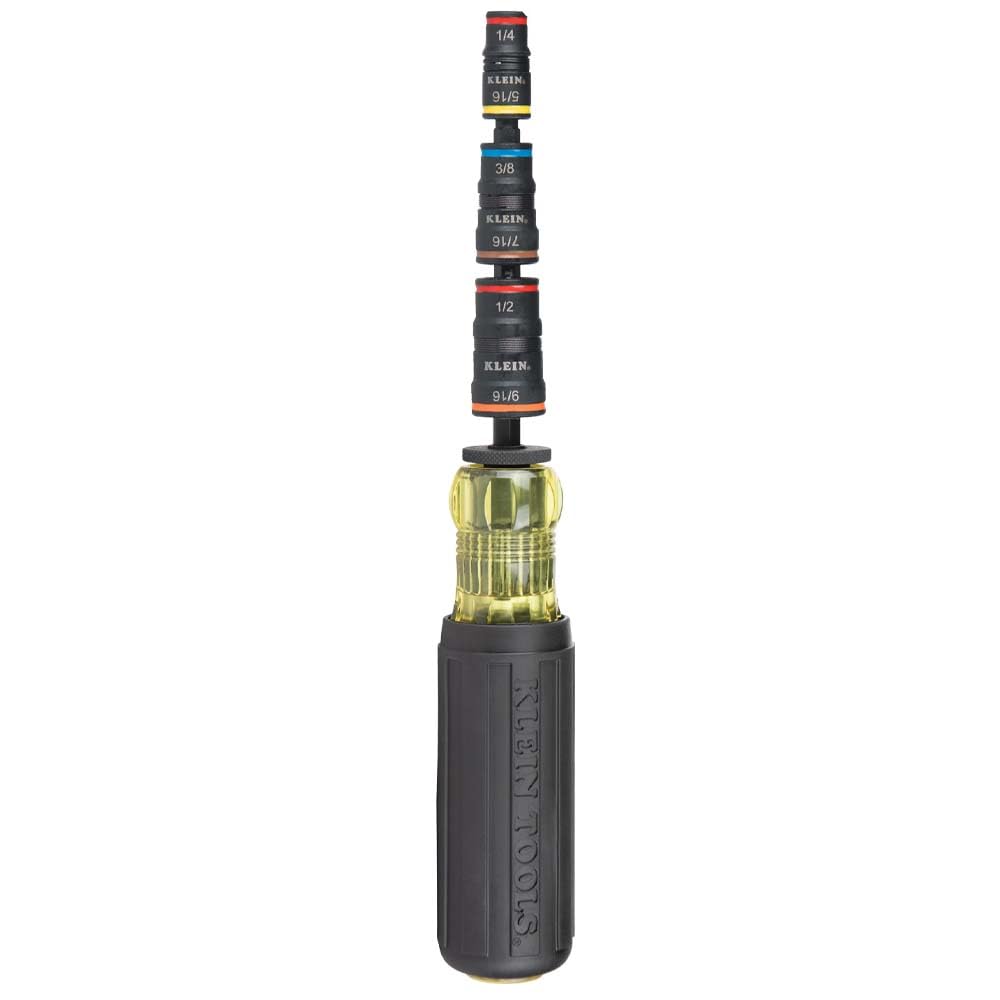 Klein Tools 32910 Impact Driver, 7-in-1 SAE Impact Socket Set with Handle, Flip Socket with 1/4, 5/16, 3/8, 7/16, 1/2 and 9/16-Inch Nut Driver Sizes and 1/4-Inch Bit Holder