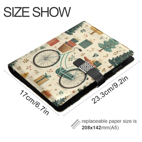 DIGTIA Christmas Bicycles with Gifts Pattern PU Leather Notebook A5 Binder 6 Ring Refillable Journal with Magnetic Buckle Closure Loose Leaf Travel Office Planner Budget Binder Notepad Portfolio,