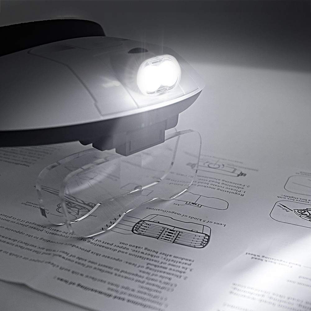 AZFUNN 1X to 6X Headband Magnifier, Head Mount Magnifying Glass with LED Light for Close Work Jewelers Loupe Eyelash Extensions Watch Repair Reading