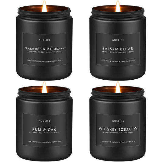 Scented Candles Set | Candle Gifts for Men - Masculine Candle, Soy Candles for Home Scented - 4 Pack Aromatherapy Gift for Dad Fathers Day- Scent of Teakwood & Mahogany/Whiskey Tobacco/Rum & Oak/Cedar