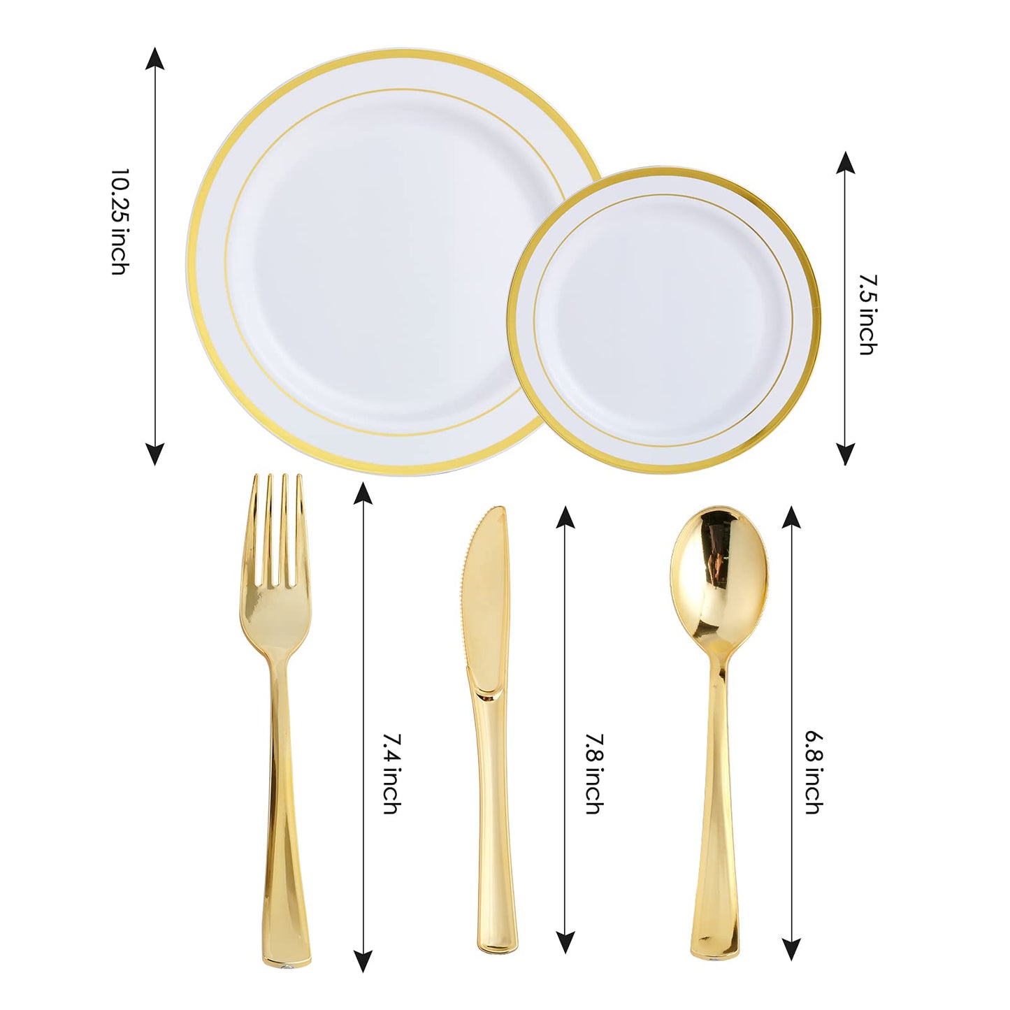 125 Count Gold Plastic Plates Include 25 Dinner Plates 25 Disposable Dessert & Gold Disposable Silverware, Plastic Dinnerware Set Providing for 25 Guests Suitable for Party Wedding