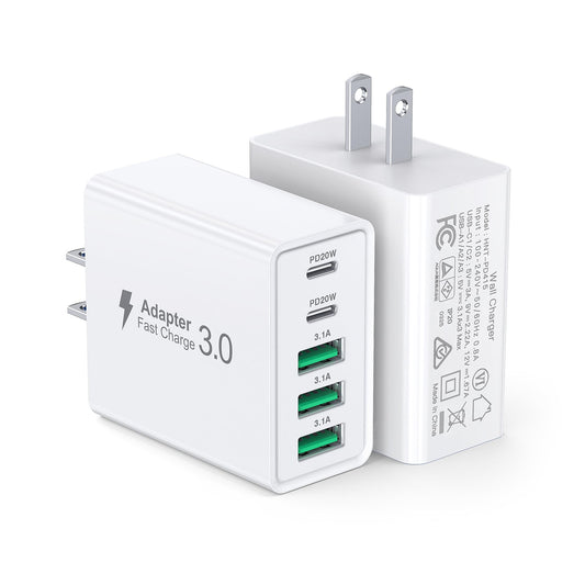 [2-Pack] USB C Wall Charger, 50W 5-Port PD Fast USB C Charging Block,2USB C+3USB A Multiport Plug,Type C Power Adapter Brick Cube for iPhone 16/15/14/13/12/Pro Max/XS,iPad,for Switch,Samsung,Ultra 2