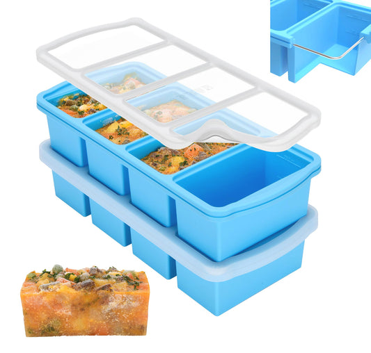 Zip Standing Silicone Freezer Trays with Lid,1-cup Soup Freezer Container large Ice Cube Molds with Reinforced Steel Ring Top for freezing Soup Sauce Broth Leftovers oven Dishwasher -Safe(2-Pack)