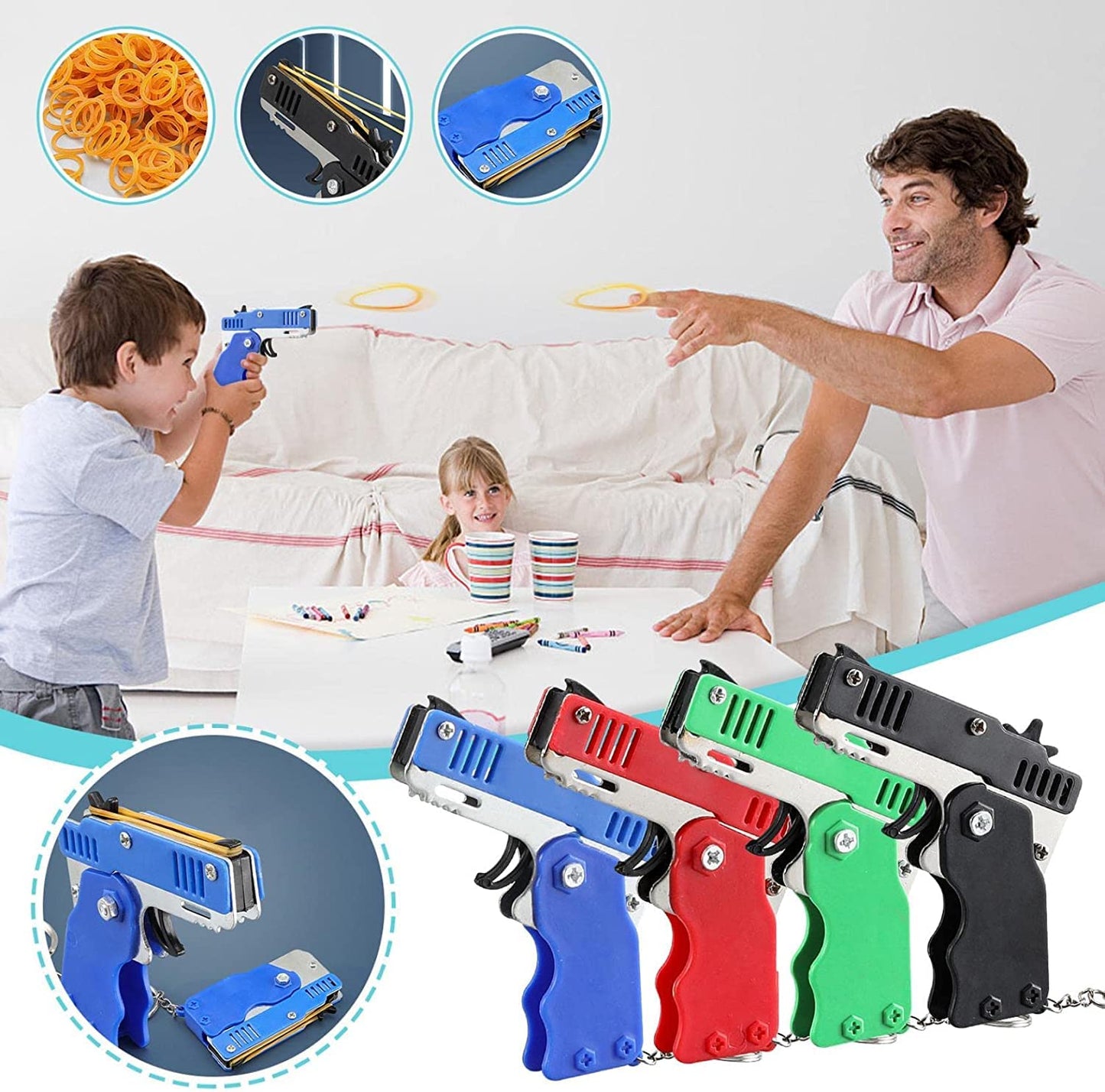 QKUDNGHY Kids Toys Cool Keychain Rubber Band Launcher Toy 4pcs Mini Metal Folding Rubber Launcher Toy with 240 Elastic Rubber Bands for Game Outdoor Activities (4 Colors)