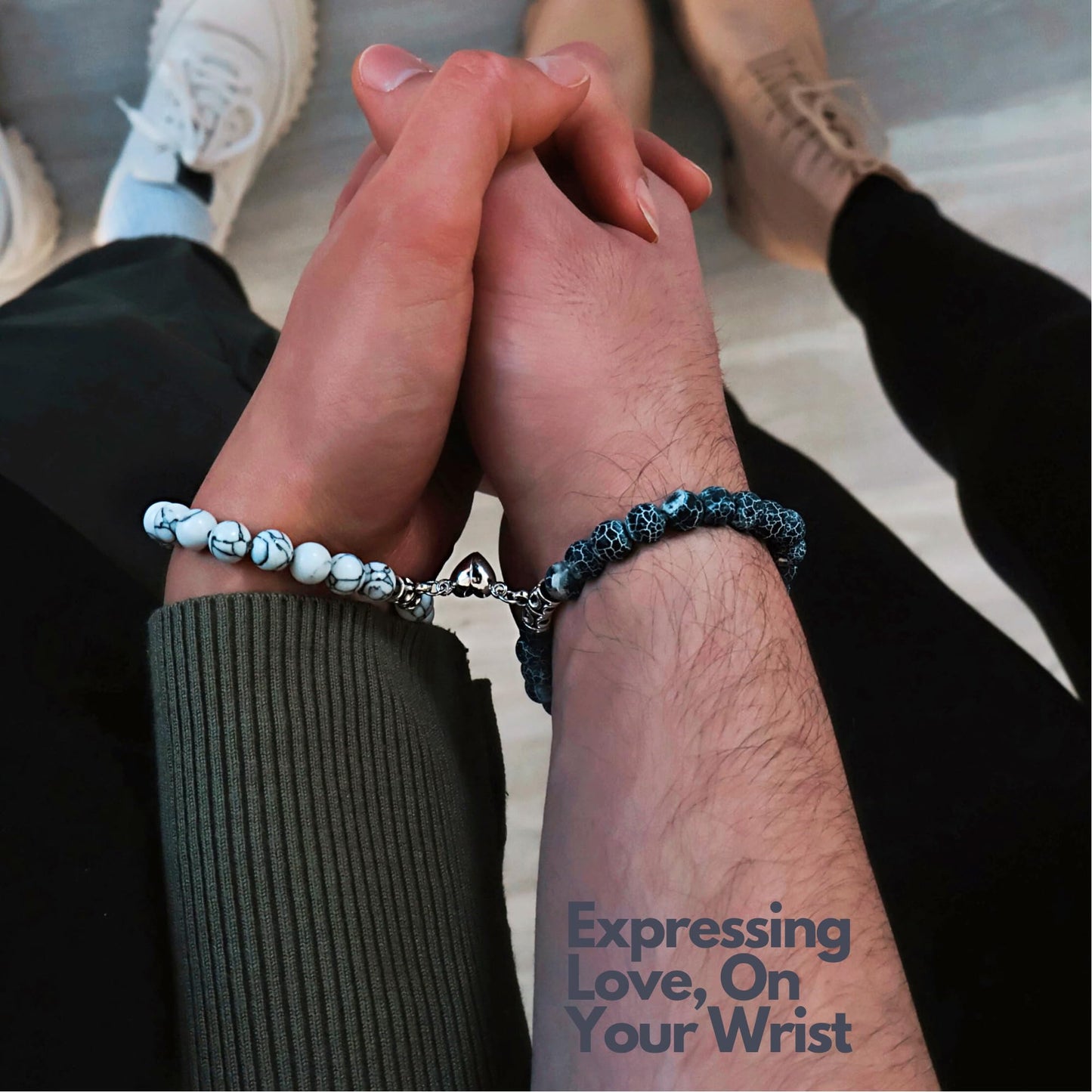 Set Of 2 Matching Couple Bracelets Magnetic Heart - Stone Beads, Stretch, Unisex Anniversary, Express Love, Valentine, Long Distance, Christmas Gift (Howlite+Blue Weathered, With Luxury Giftbox)