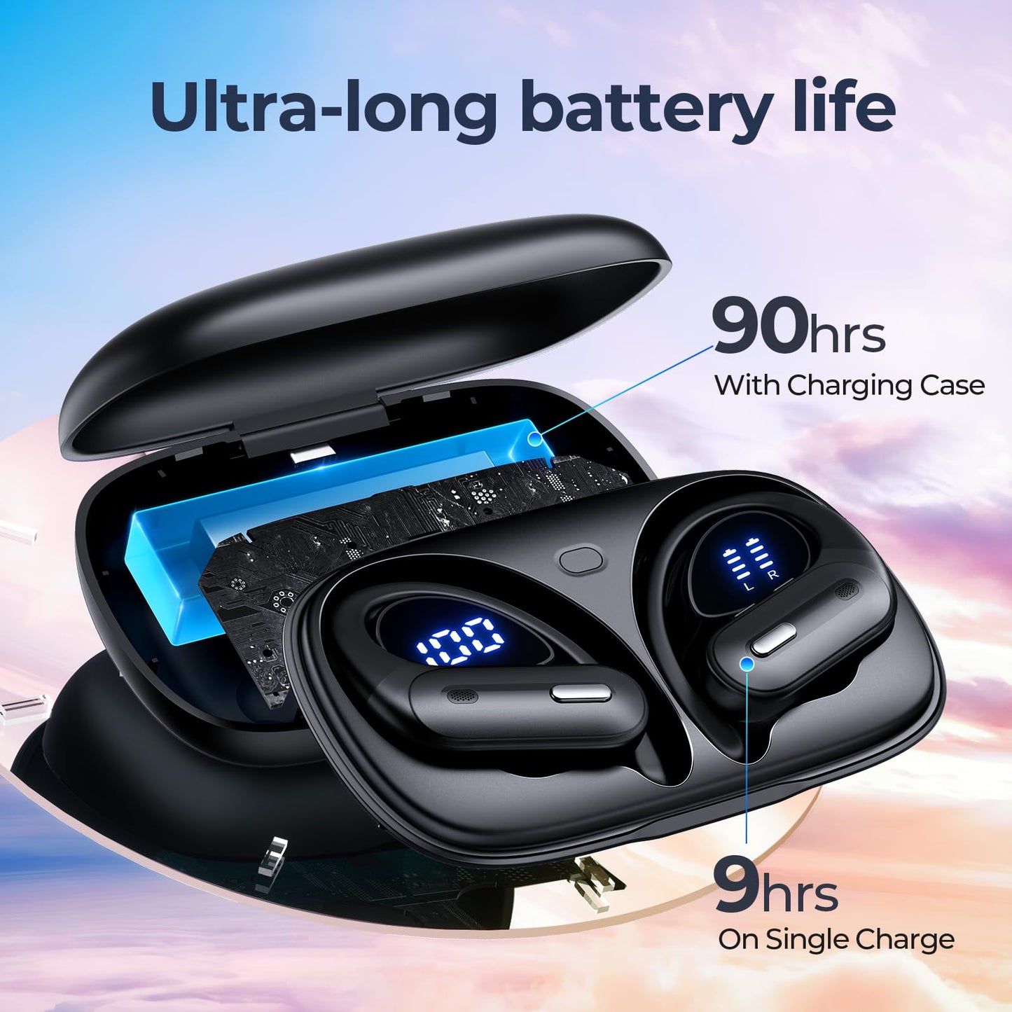 Wireless Earbuds Bluetooth 5.3 Headphones 90 Hrs Playtime Ear buds with Wireless Charging Case Power Display Over-ear Earphones with Earhooks Waterproof Stereo Headset for Android phone Workout Black