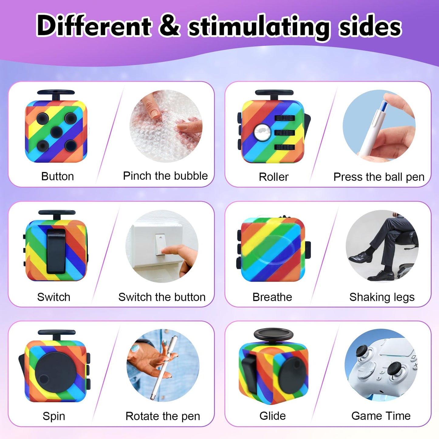Lollyx Fidget Toy Cube, 4 Pack Cube Fidget Anxiety Relief Toys for Kids and Adults, 6 Sided Fidget Toys Cube Hand-Held for Adults, Audible/Silent Cube Toys Fidget for ADD/ADHD/OCD