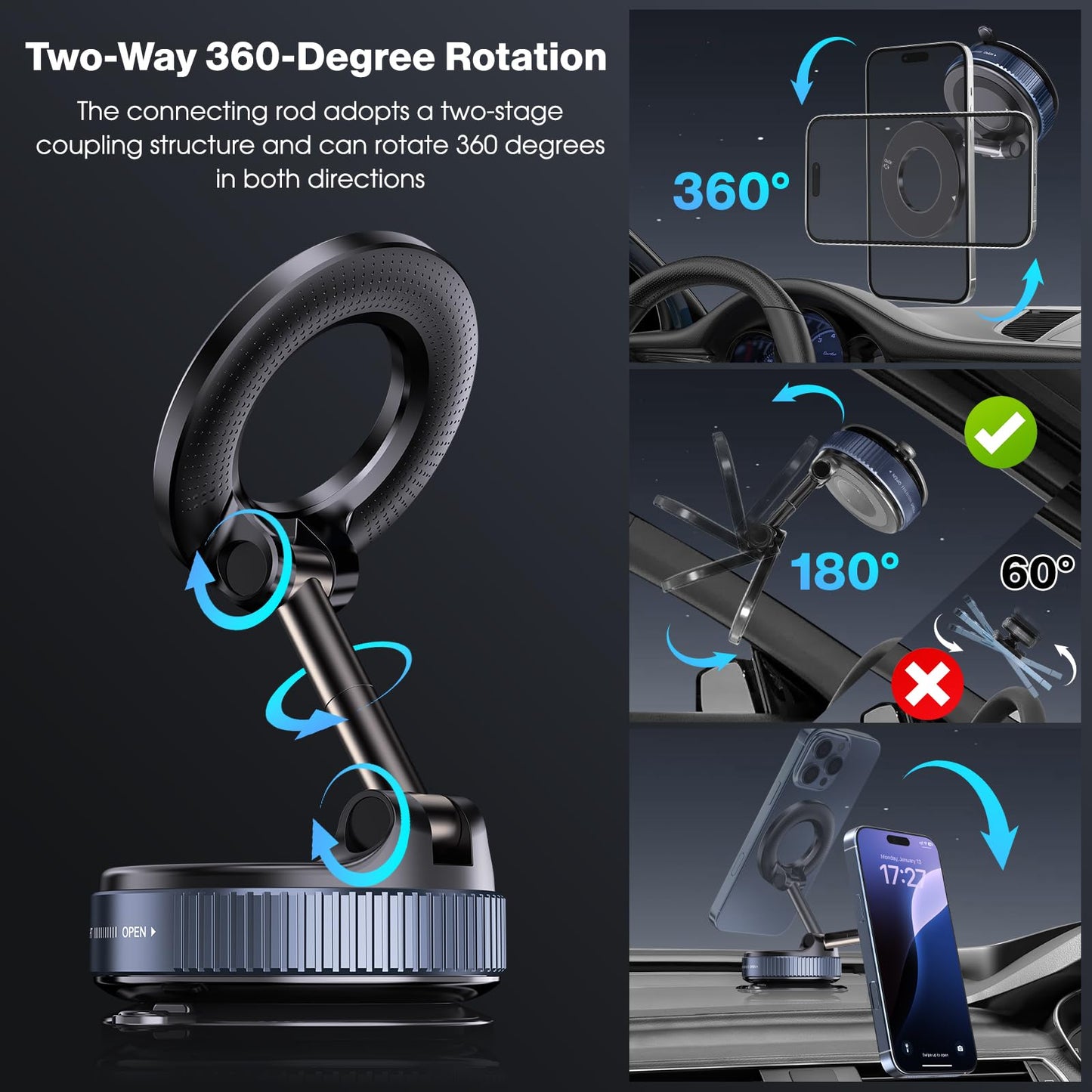 Jikasho Vacuum Magnetic Suction Phone Holder, Foldable and Retractable Hands-Free Suction Cup Phone Mount for Car/Gym/Mirror/Smooth Surface, Compatible with iPhone Android and All Smartphones (Black)