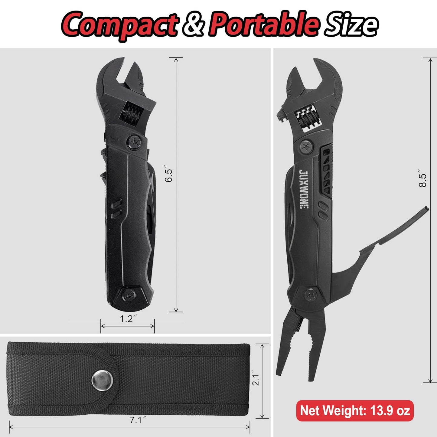 JUXWONE 19-in-1 Multitool Wrench – Stainless Steel Adjustable Wrench with Pliers, Knife, Wire Cutter, Saw, Screwdrivers – Compact EDC Pocket Tool for Camping, DIY Repairs, Gift for Men