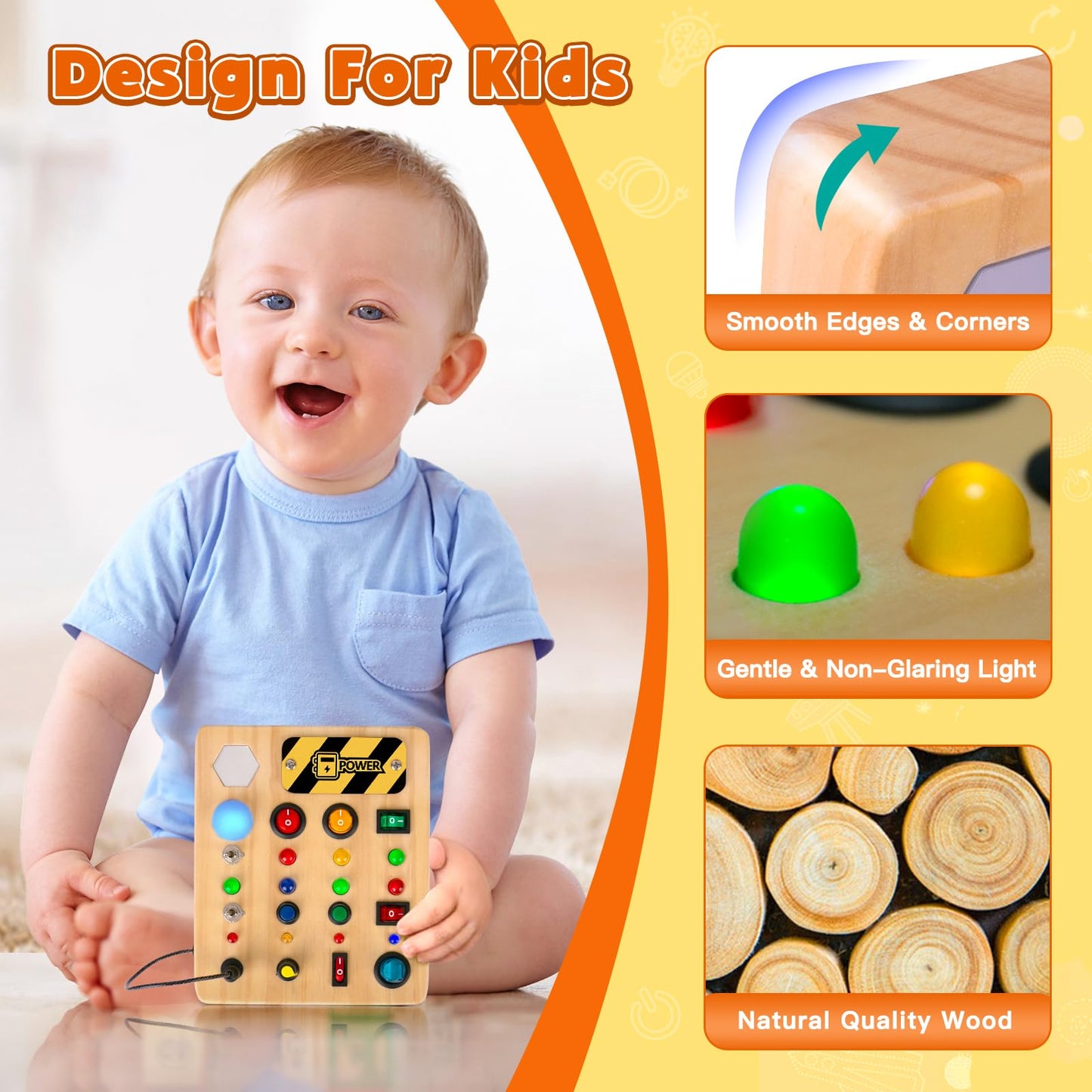 TINTECUSA Busy Board Montessori Toys for Toddler, Wooden Sensory Board Switch Toy with Shape Sorter LED Light Up Toys Educational Plane Travel Activity for Girls & Boys
