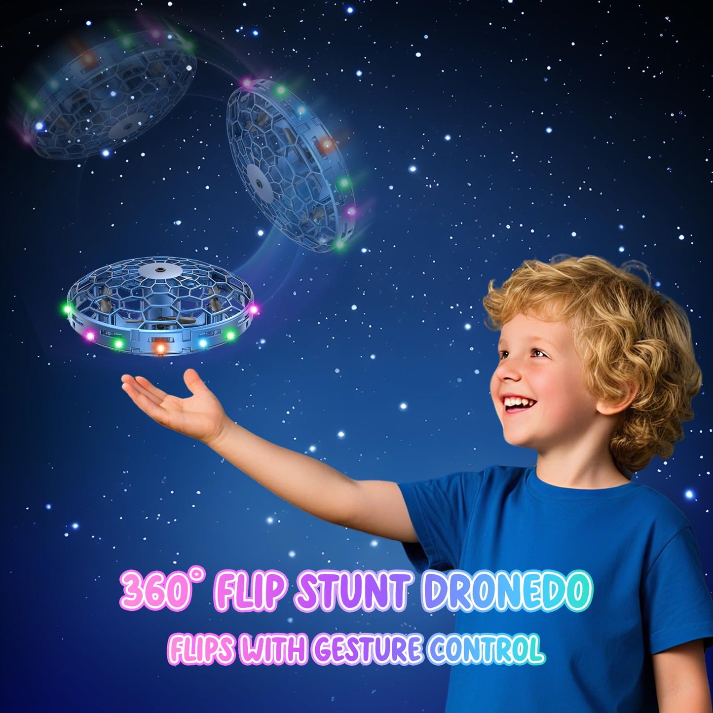 PYMSRTY Flying Toy Drone for Kids，360° Hands Free Motion Sensors Mini Drone with Cool LED Lights,Easy Indoor Small UFO Toy Flying Ball Drone for Kids -Blue