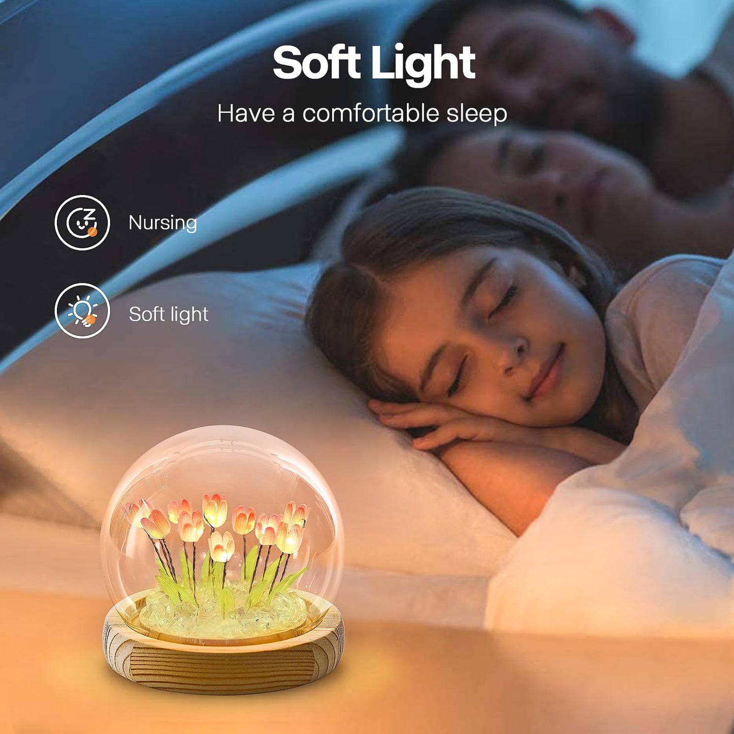 ONXE Birthday Flower Gifts for Mom,Tulips Night Light Small Glass Flower Lamp with Wooden Base for Home Decor Romantic Unique Christmas Gift for Women Girlfriend Sister Grandma Wife Her