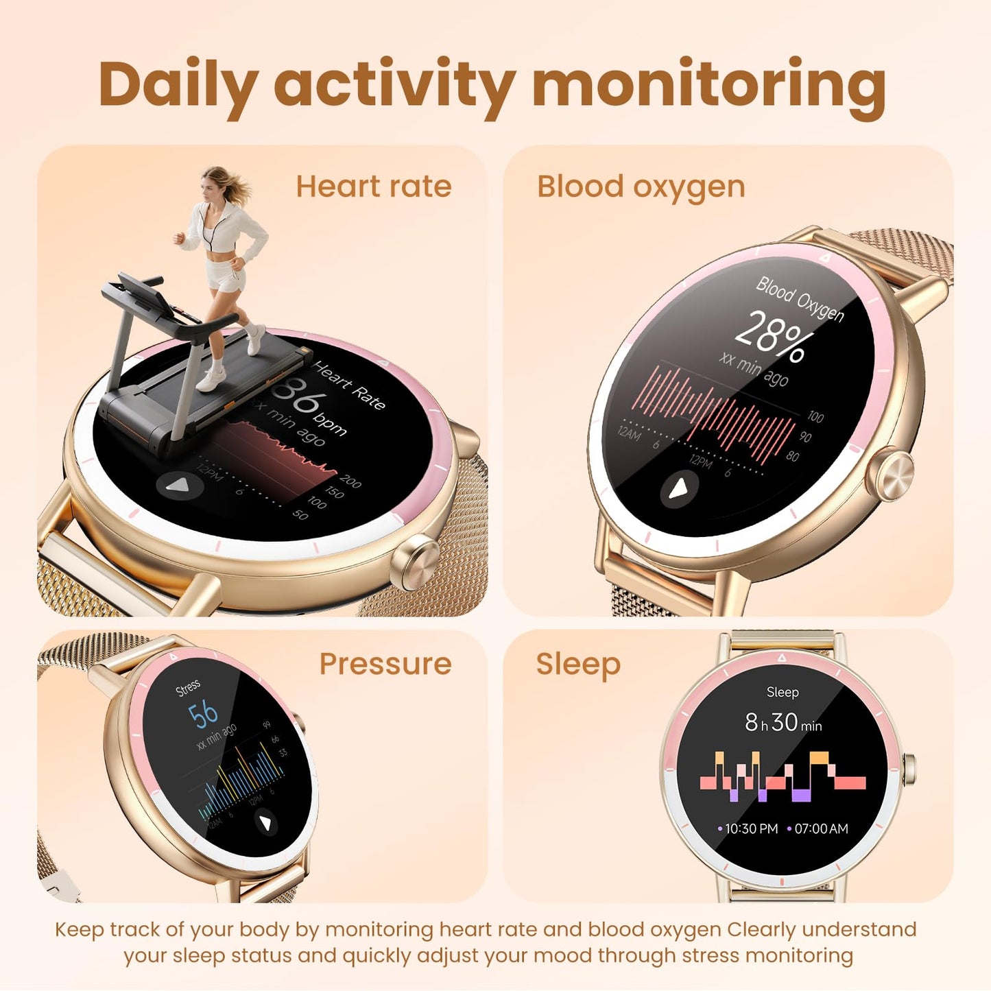 KEEPONFIT Smart Watches for Women Android/iPhone, IP68 Waterproof Fitness Tracker with Bluetooth Calls(Answer&Make), Activity Pedometer/Heart Rate/SpO2 Monitor/100+ Sports Model