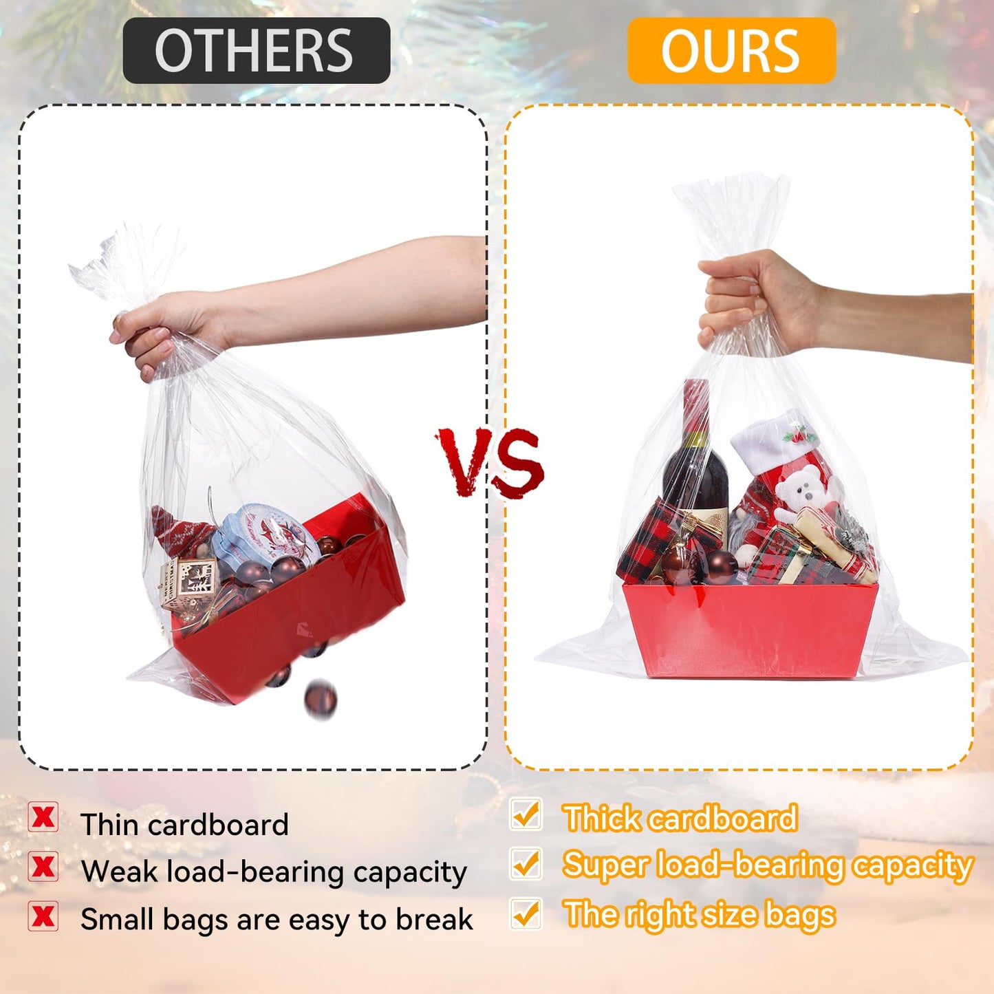 MADHOLLY 6Set Baskets for Gifts Empty- Sturdy Kraft Gift Basket Kit with Cellophane Wrap and Pull Bows for Valentine's Day Anniversary Wedding Holiday Gift Celebration Wrapping, Red