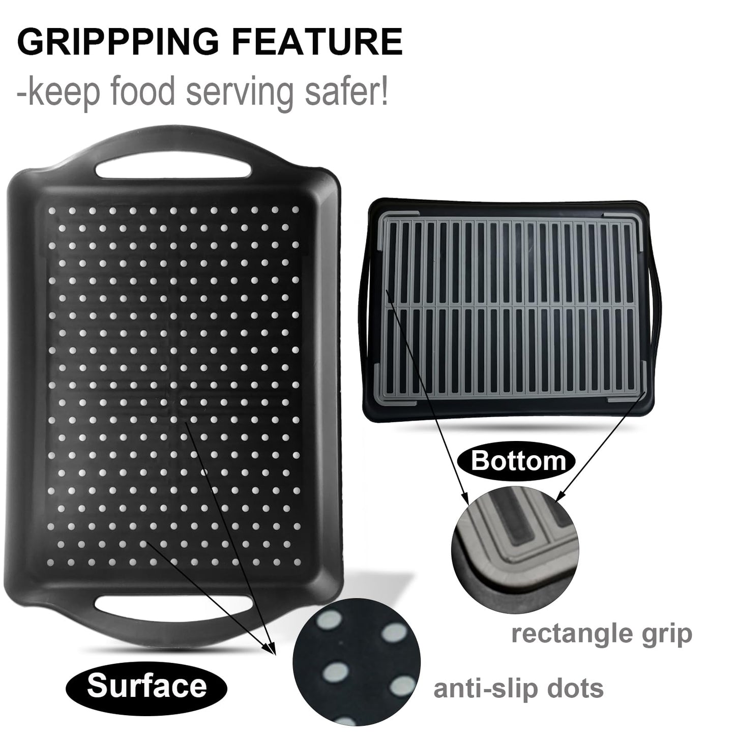 ECOIOU Non Slip Food Serving Tray with Handles, 2-Pack Rectangle Anti-Slip Non-Toxic Dishwasher Safe Tray for Snack Fruit Dessert Breakfast Drink (Black)