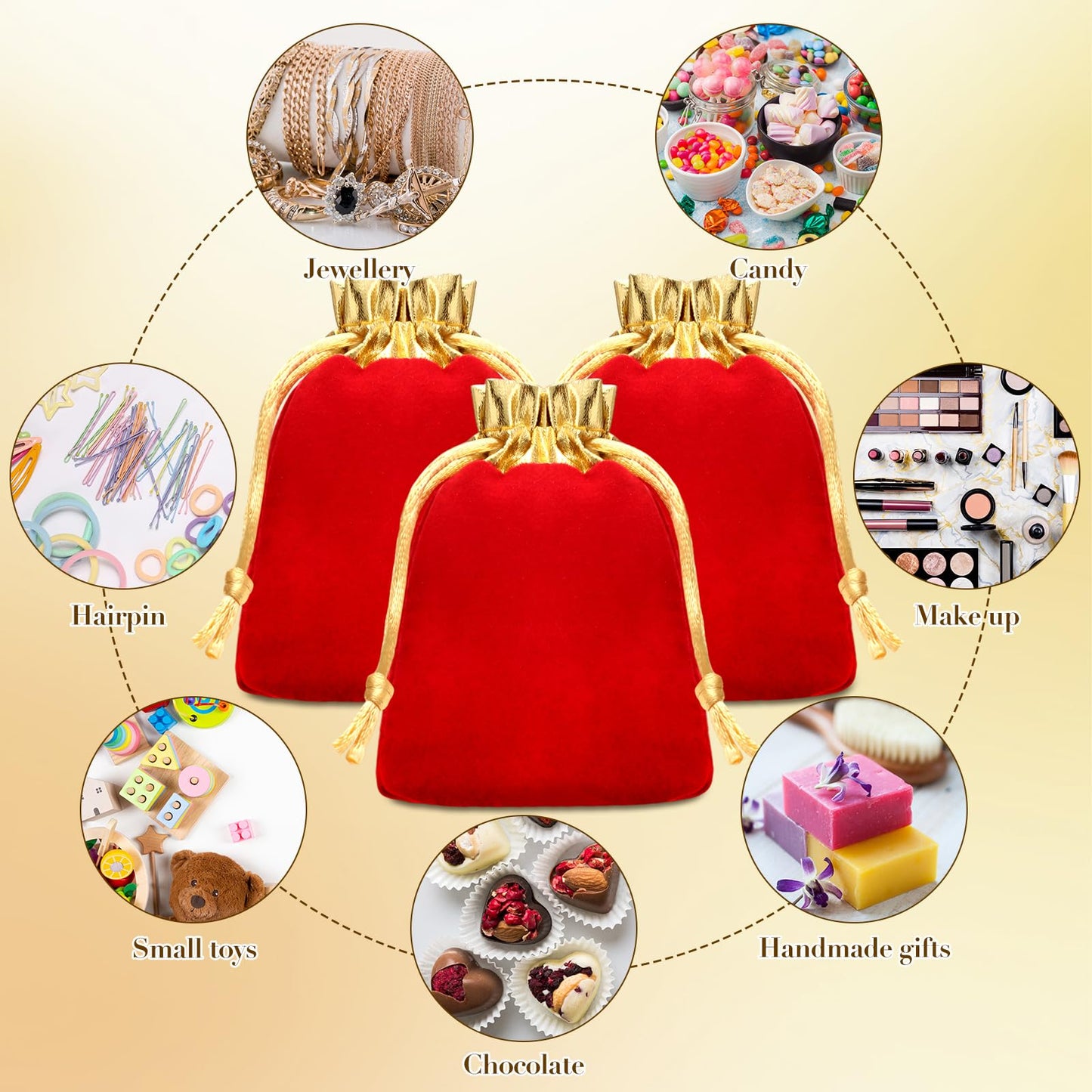 Sweetude 100 Pieces Velvet Drawstring Bags Jewelry Pouches for Christmas 2.76 x 3.54 Inches Wedding Mini Gift Bags for Christmas, Party Favors (Gold Opening Red)