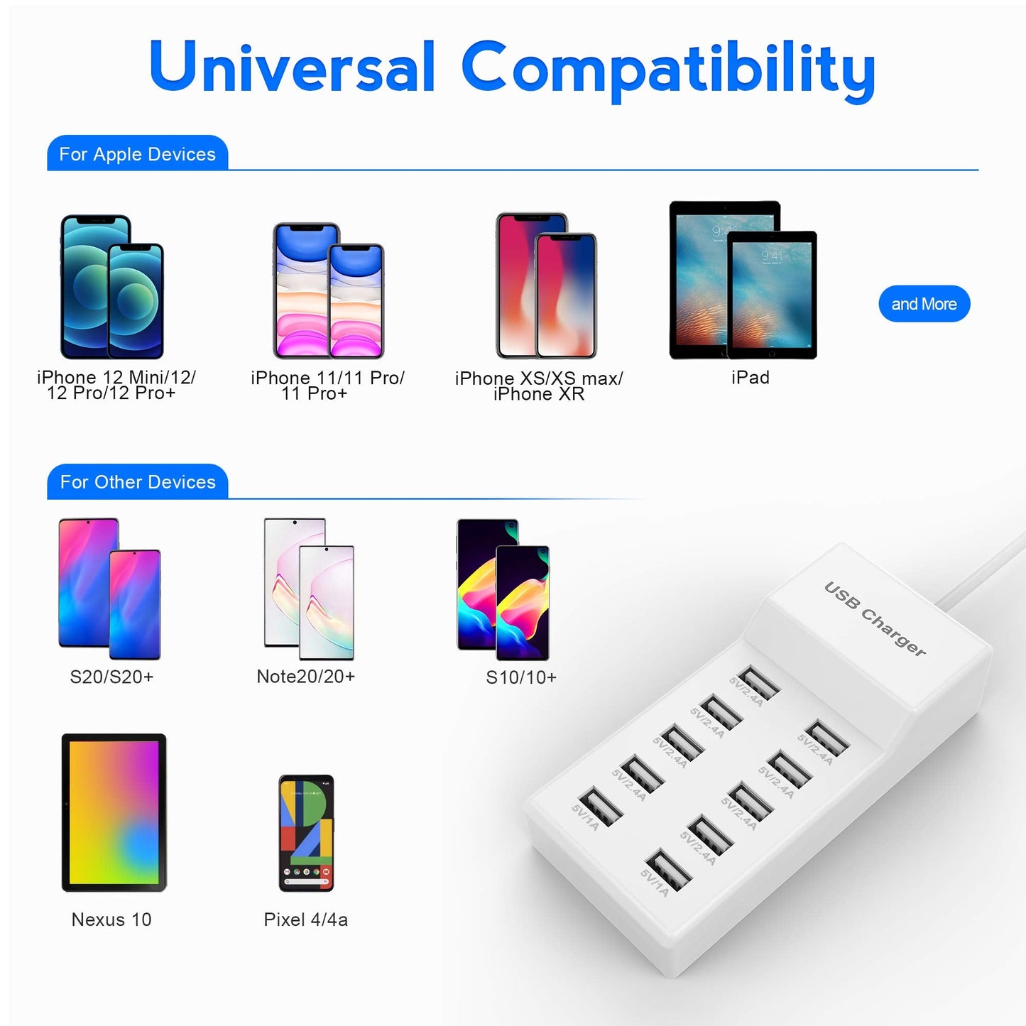 USB Charger Station Block with Rapid Charging Auto Detect Technology Safety Guaranteed 10-Port Family-Sized Smart USB Ports for Multiple Devices Smart Phone Tablet Headphones