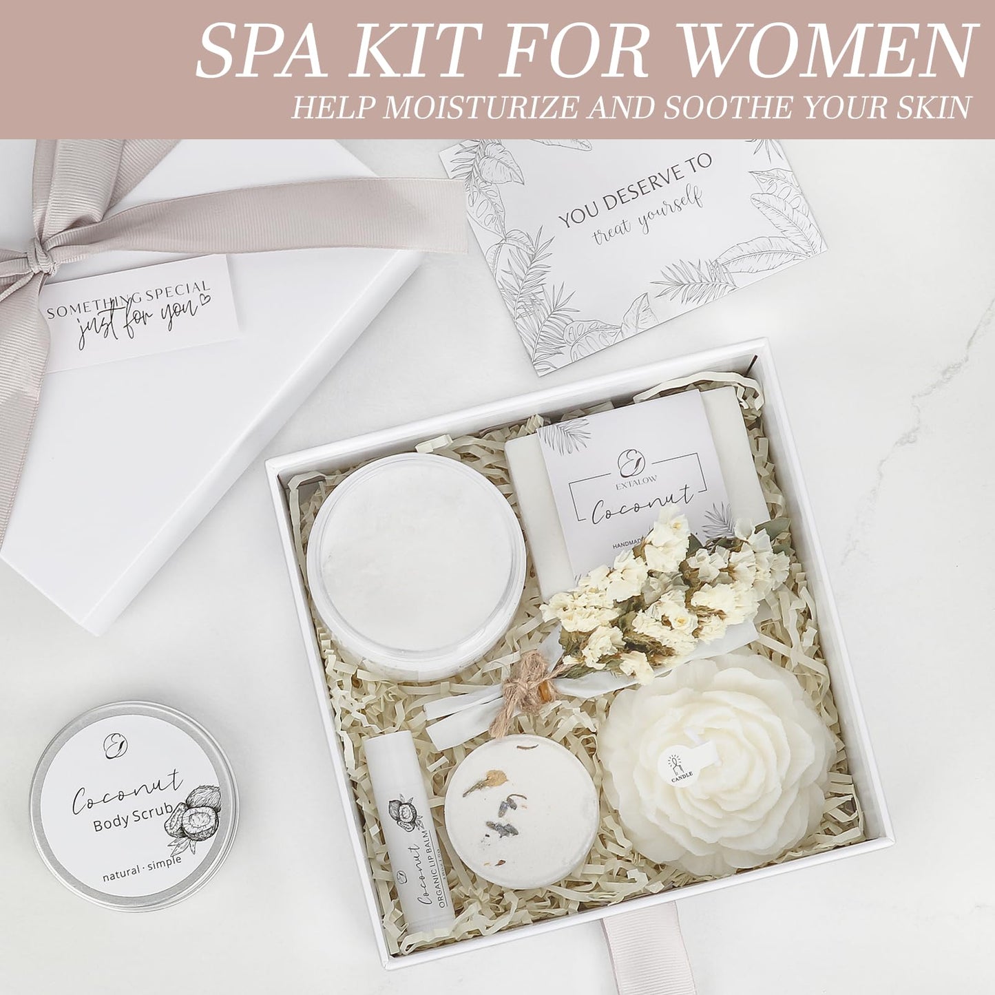 EXTALOW Spa Gifts for Women Bath and Body Gift Basket Mothers Day Gifts Coconut Lavender Home Spa Set Self Care Gift for Mom Sister Her Wife Birthday Gifts Spa Kit Care Package Thank You Gift