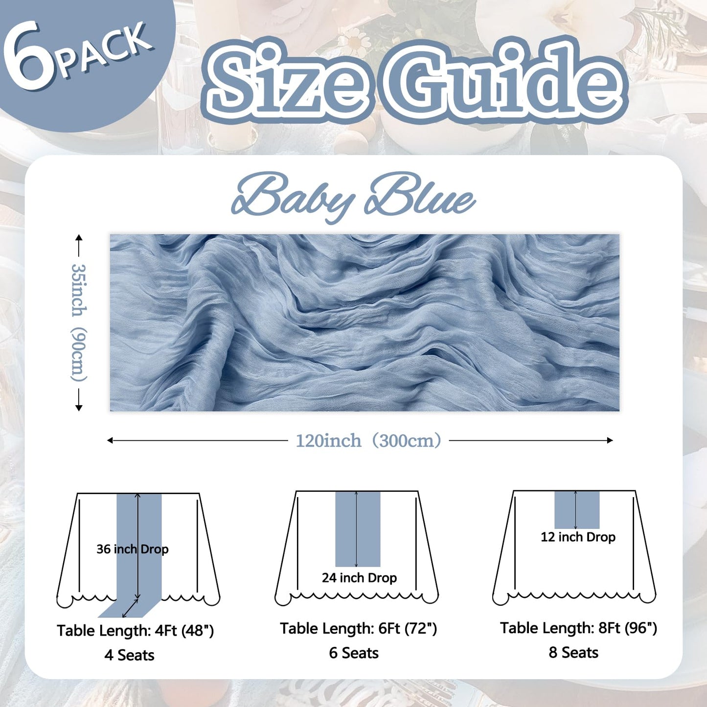 6 Pack Dusty Blue Table Runner 10ft Boho Gauze Fabric Cheesecloth Table Runner 35 x 120 Inch Rustic Sheer Runner for Wedding Decor Baby Shower Party Table Centerpiece Decorations
