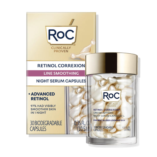 RoC Retinol Correxion Anti-Aging Wrinkle Night Serum, Daily Line Smoothing Skin Care Treatment for Fine Lines, Post-Acne Scars, 30 Individual Capsules, Unscented, 0.35 Fl Oz