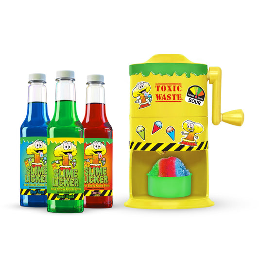 TOXIC WASTE Sour Snow Cone Bundle – Mini Manual Ice Shaver Machine bundled with 3 Bold Syrups (Cherry, Blue Razz, Green Apple) – No Electricity Needed, DIY Stickers, Cups Included – Fun for Kids & Par