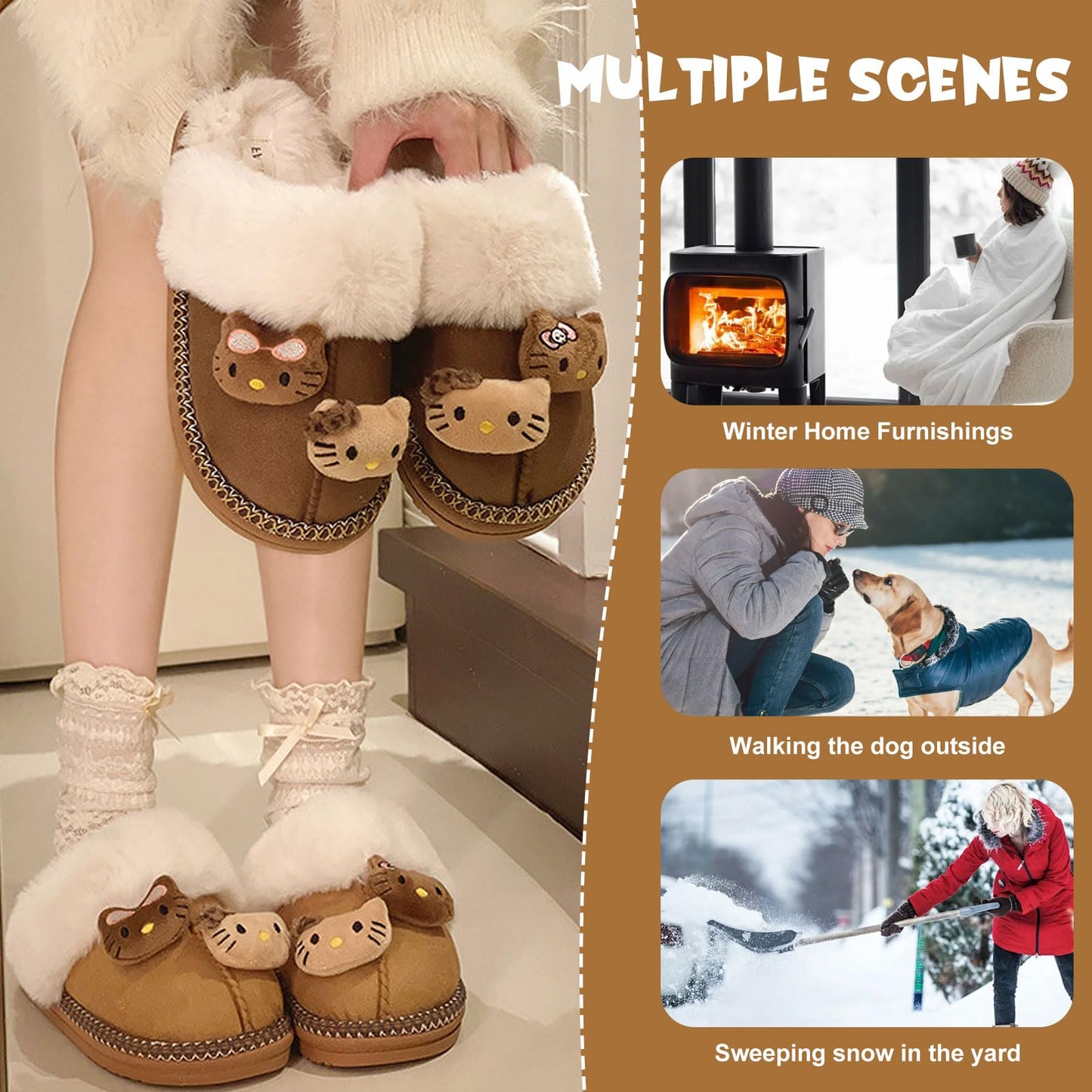 Wauoemy Fuzzy Slippers for Women Girls,Cute Fluffy House Shoes Warm Christmas Birthday Gift for Daughter Wife Girlfriend Bestie Brown 5.5