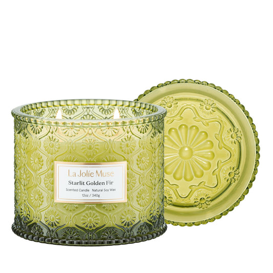 LA JOLIE MUSE Fir & Cedarwood Candle, Christmas Candles for Home Scented, Large 2-Wick Soy Candles, Luxury Jar Candle Gifts for Women & Men, 60 Hours Long Burning, Starlit Golden Fir, 12oz