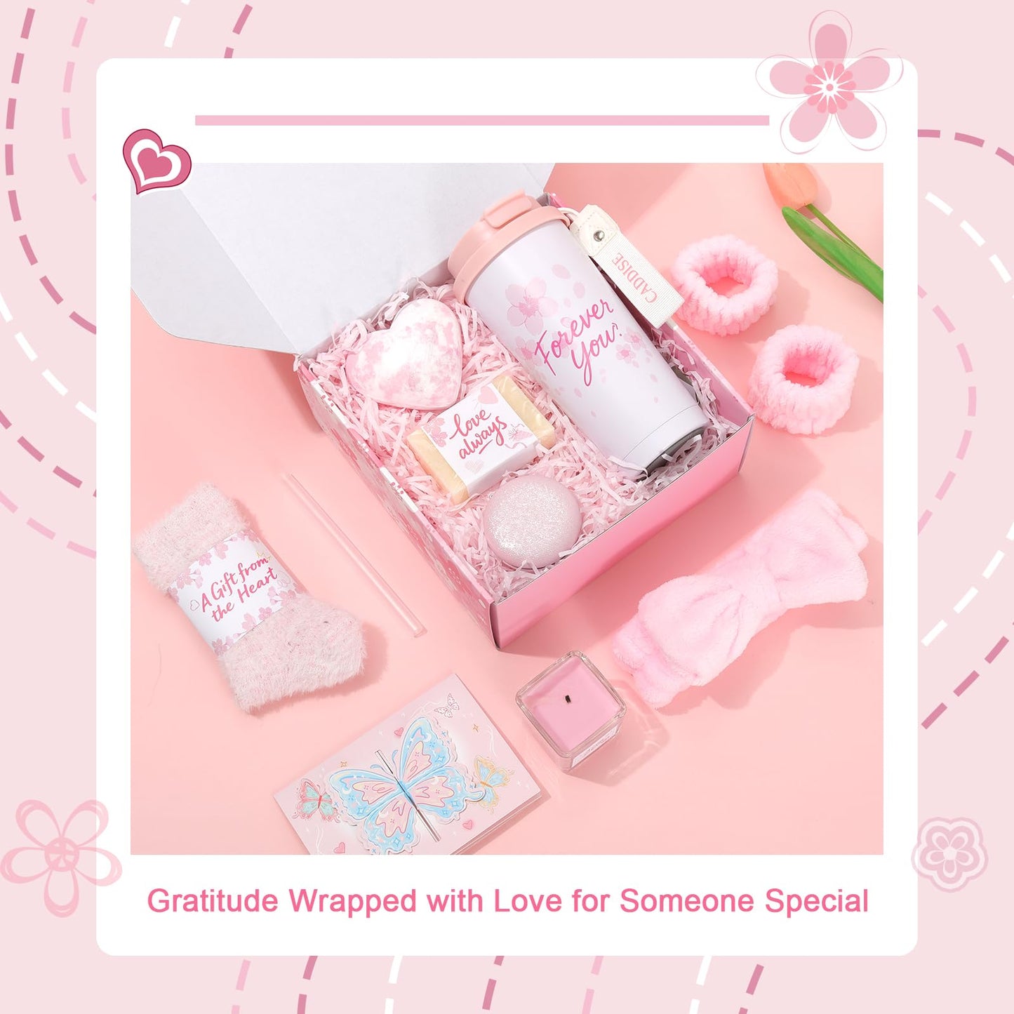 Birthday Gifts for Women - Cherry Blossom Spa Gift Box with Tumbler, Self Care Package for Mom Wife Sister Friend Grandma, Thank You Relaxation Basket for Mother’s Day Valentine’s Day Christmas (Pink)