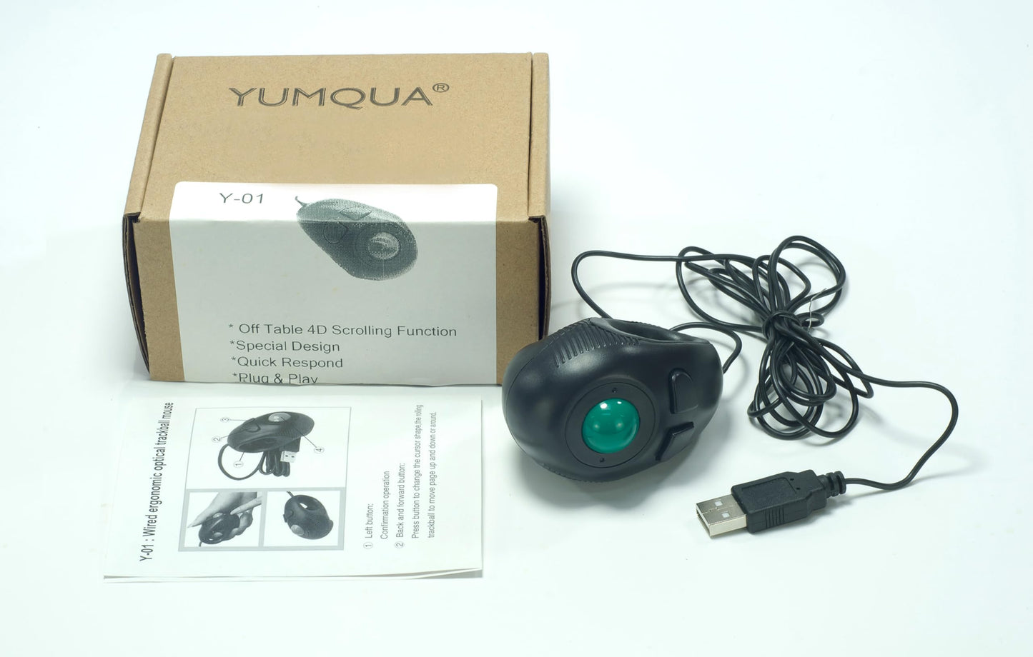 YUMQUA Finger Mouse, Handheld Trackball Mouse Mini 4D USB Hand Held Wired Pointer Thumb Ball Mice with Roller for Laptop Mac Window Computer Fits Left and Right Handed Users