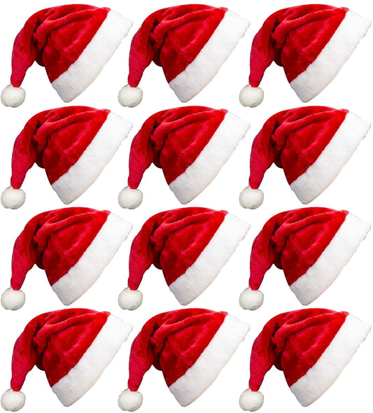 MarJunSep 12 Pack Plush Santa Christmas Hats for Kids Children Teenagers & Adults Small Head, Red Plush Xmas Hats with White Cuffs for Christmas Holiday