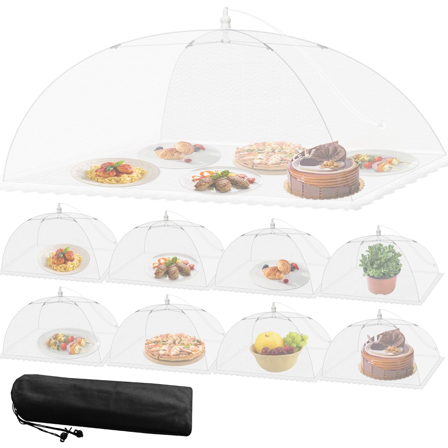 Mesh Food Covers for Outside - 9 Pack Upgraded 1 Extra Large 40x24 in & 8 Large 17x17 in Food Tent Food Cover Outdoors Party Collapsible Picnic Nets Umbrella Mesh Screen Pop Up Food Dome (White)