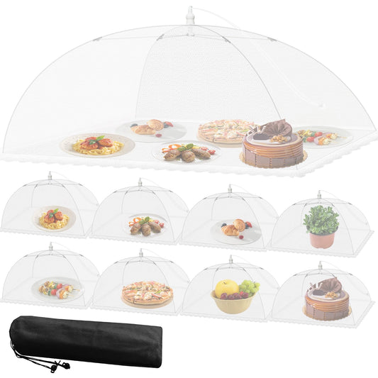 Mesh Food Covers for Outside - 9 Pack Upgraded 1 Extra Large 40x24 in & 8 Large 17x17 in Food Tent Food Cover Outdoors Party Collapsible Picnic Nets Umbrella Mesh Screen Pop Up Food Dome (White)