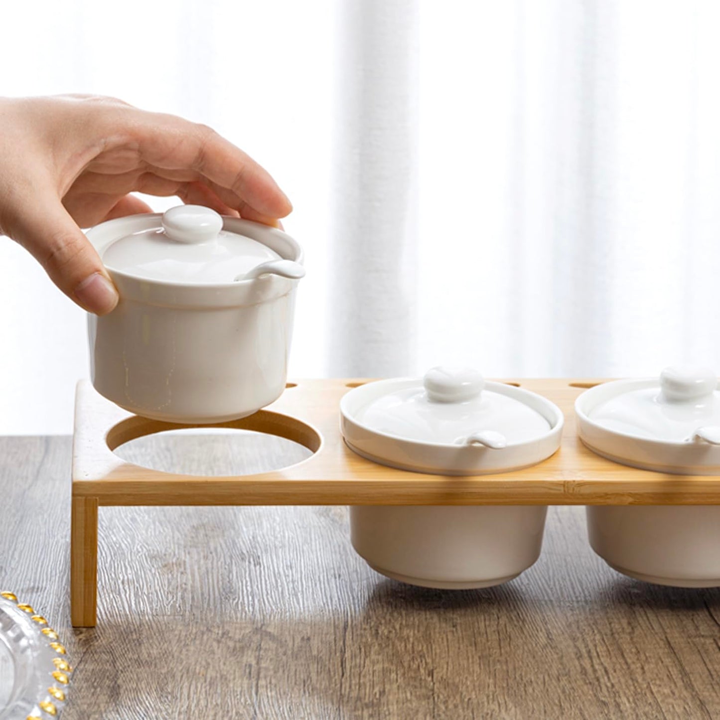 MyGift 10 Piece Condiment Pot Serving Set Includes Premium Solid Bamboo Wood Raised Display Server Tray and 3 Ceramic Ramekin Dip Bowls with Lids and Spoons