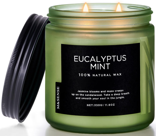 M&SENSE Eucalyptus & Mint Soy Candles for Home Scented, 11.6oz 70 Hour Burn Aromatherapy Candle Gift for Stress Relief, Meditation, Yoga, Relaxing SPA, Reusable Jar for Men and Women