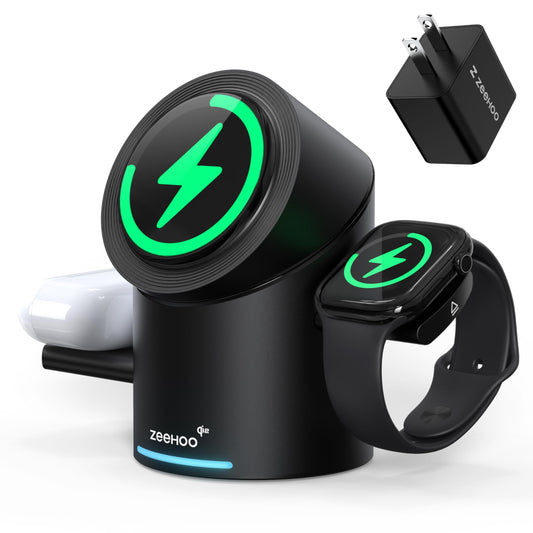 ZEEHOO 3 in 1 Charging Station for Apple Devices, Mag-Safe Charger Stand, Qi2 15W Auto-Rotating Wireless Charging Station for iPhone 16/15/14/13/12 Series& AirPods& iWatch(Black)
