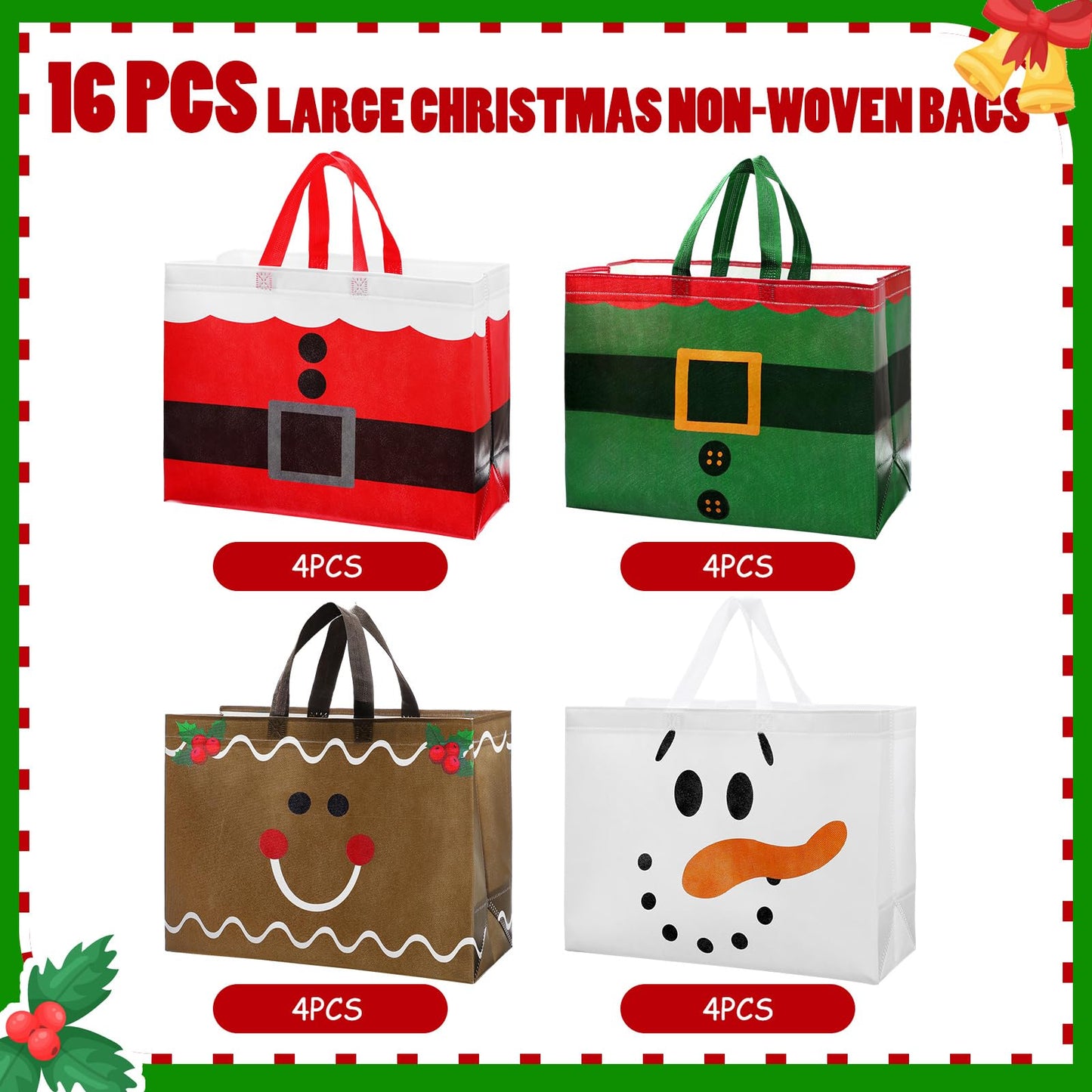 Hosuly 16 Pcs Large Christmas Gift Bags with Handle Reusable Shopping Bags Reusable Non Woven Shopping Bag(Classic Style)