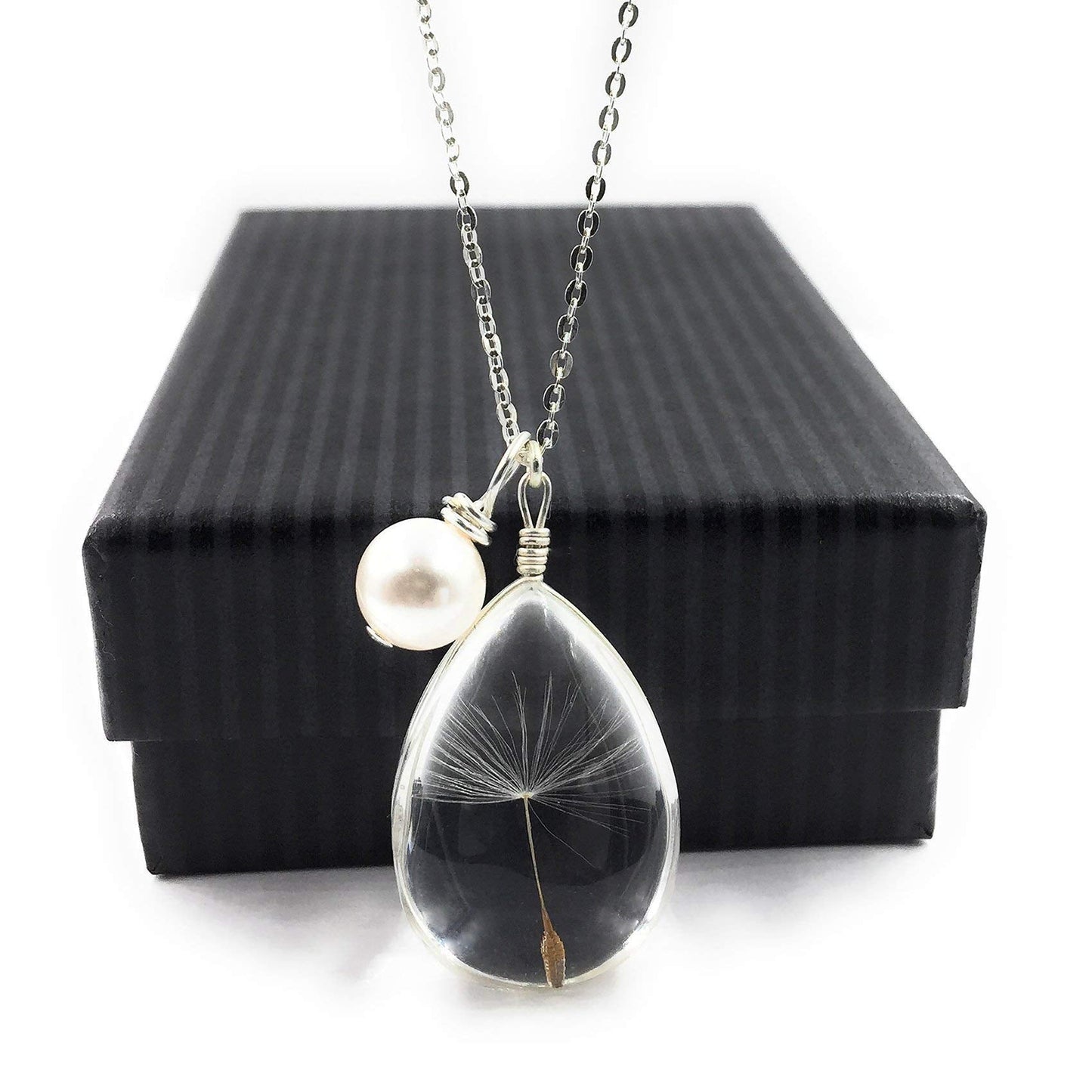 Popular Glass Dandelion Wish Pendant Necklace with Crystal Pearl Charm on 18 Inch Sterling Silver Chain, Beautifully Elegant Gift, by Aimee Tresor Jewelry