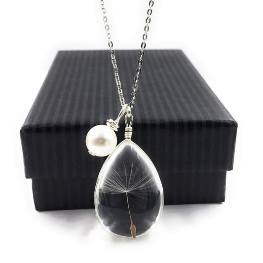 Popular Glass Dandelion Wish Pendant Necklace with Crystal Pearl Charm on 18 Inch Sterling Silver Chain, Beautifully Elegant Gift, by Aimee Tresor Jewelry