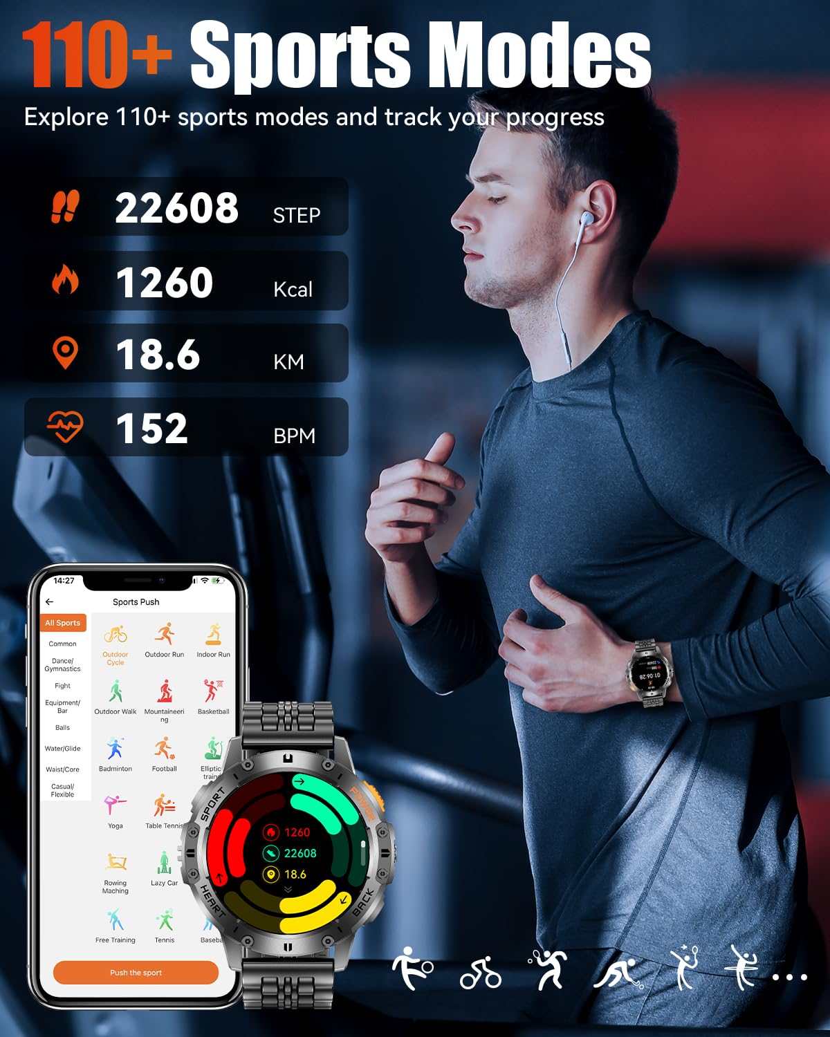 PODOEIL Military Smart Watches for Men with Bluetooth Call, 1.43" AMOLED Waterproof Smartwatch with Flashlight, 111 Sport Modes, 530mAh Heart Rate/SpO2/Sleep Monitor Fitness Tracker for Android iOS