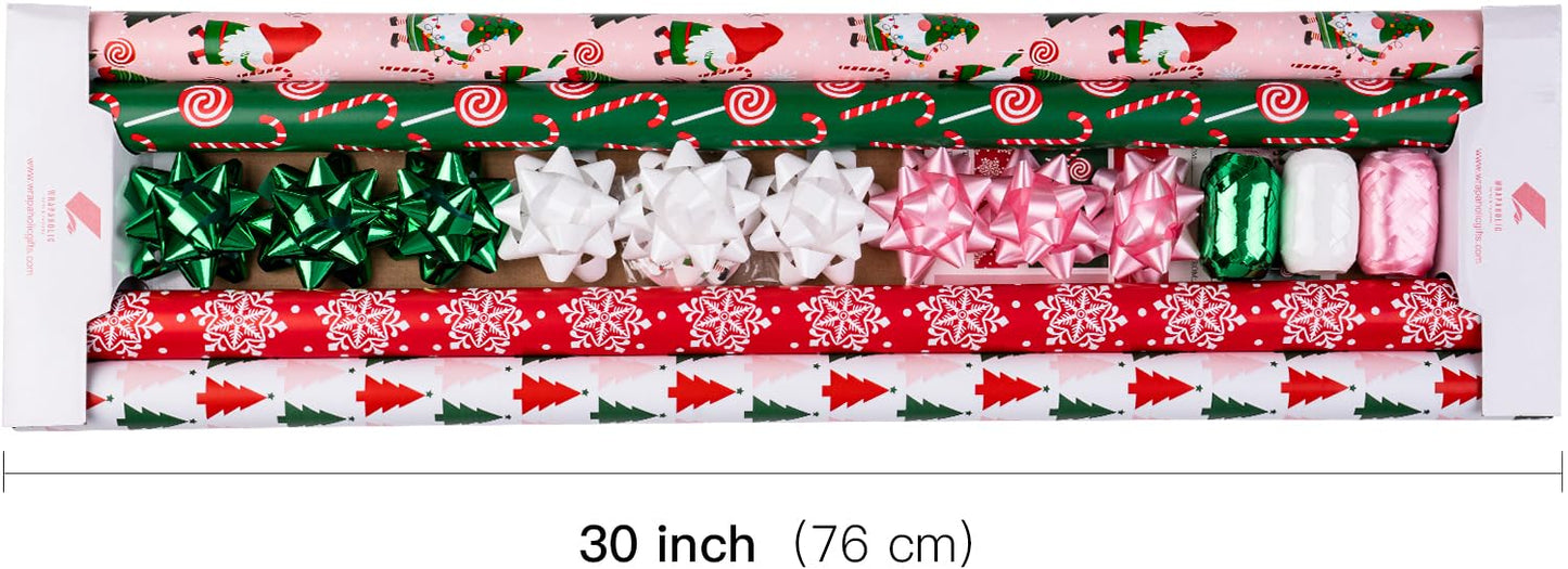 WRAPAHOLIC Christmas Wrapping Paper Set - Christmas Gnome Elf Holiday Collection Wrapping Paper Bundle with Gift Bow & Ribbon & Tag & Sticker