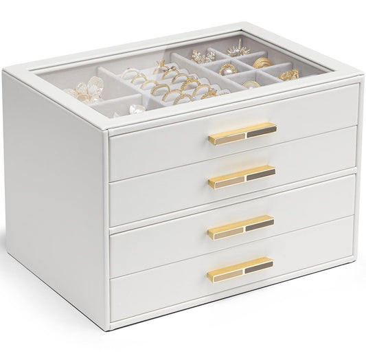 Vlando Jewelry Box for Women, Glass Lid Jewelry Organizer with 4 Drawers for Necklaces Rings Earrings Bracelets Christmas Gift - White