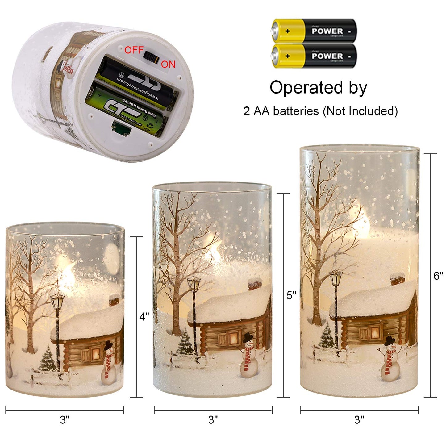 DRomance Snowman Glass Flameless Candles Battery Operated with Remote and Timer Real Wax LED Flickering Pillar Candles White Cold Light Window Christmas Holiday Decor D3 x 4",5",6"